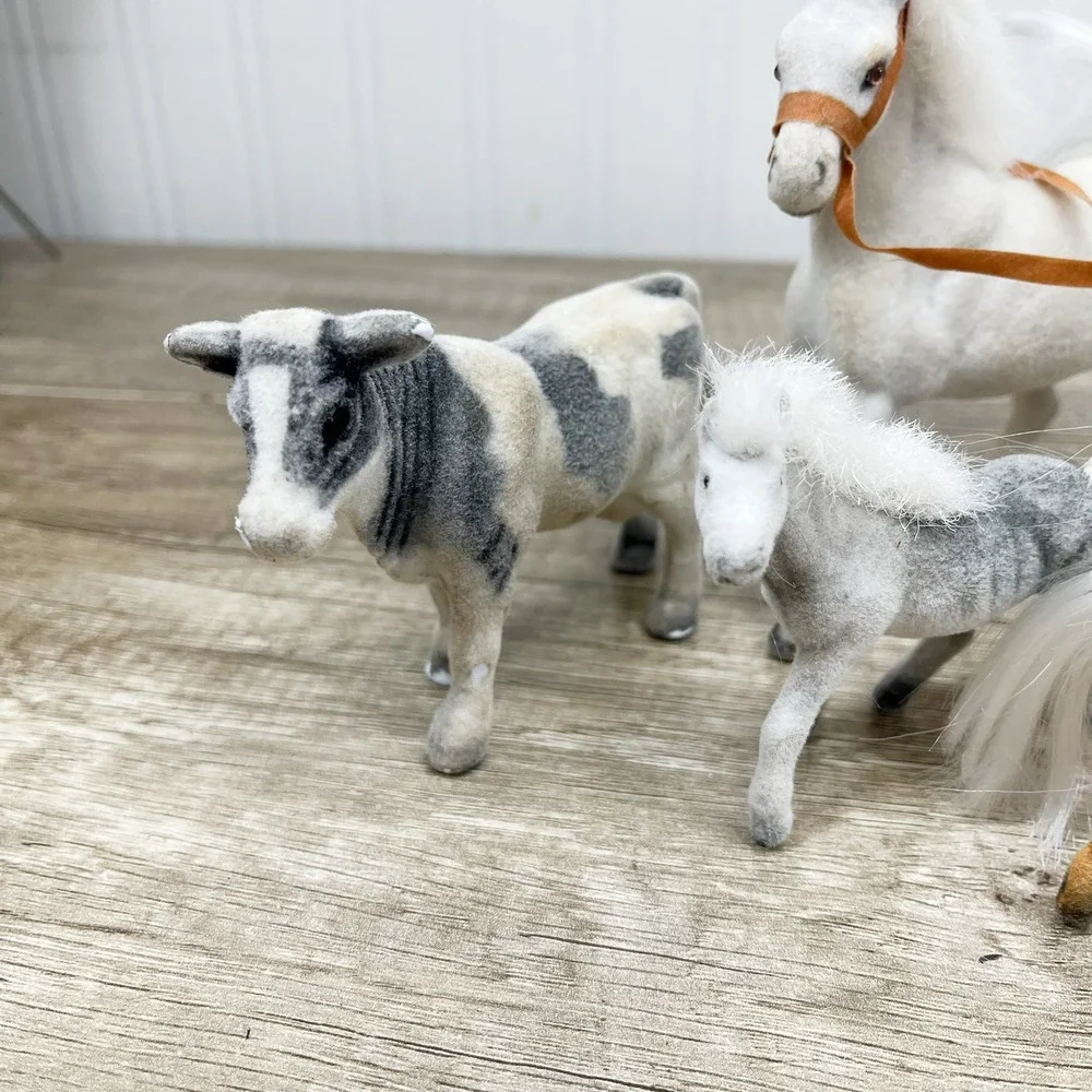 Vintage Flocked Horse and Cow Figurines Lot of 6 Fuzzy Farm Animals Toy Set